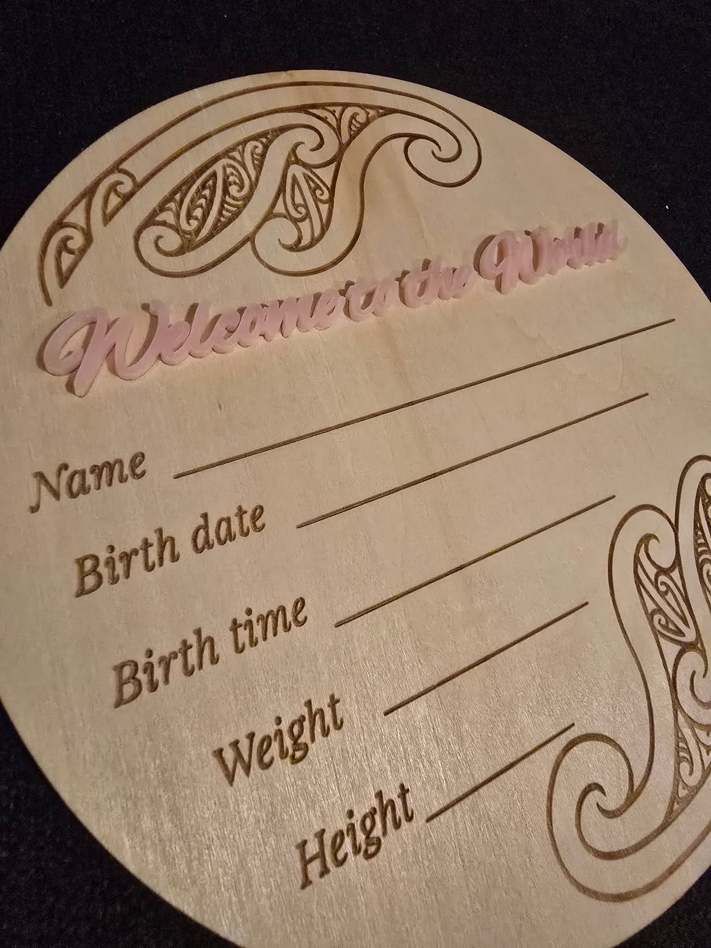 Baby Announcement Disc - double sided Maori/English (Pink)