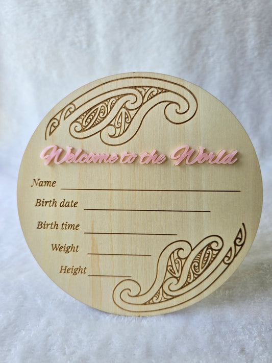 Baby Announcement Disc - double sided Maori/English (Pink)