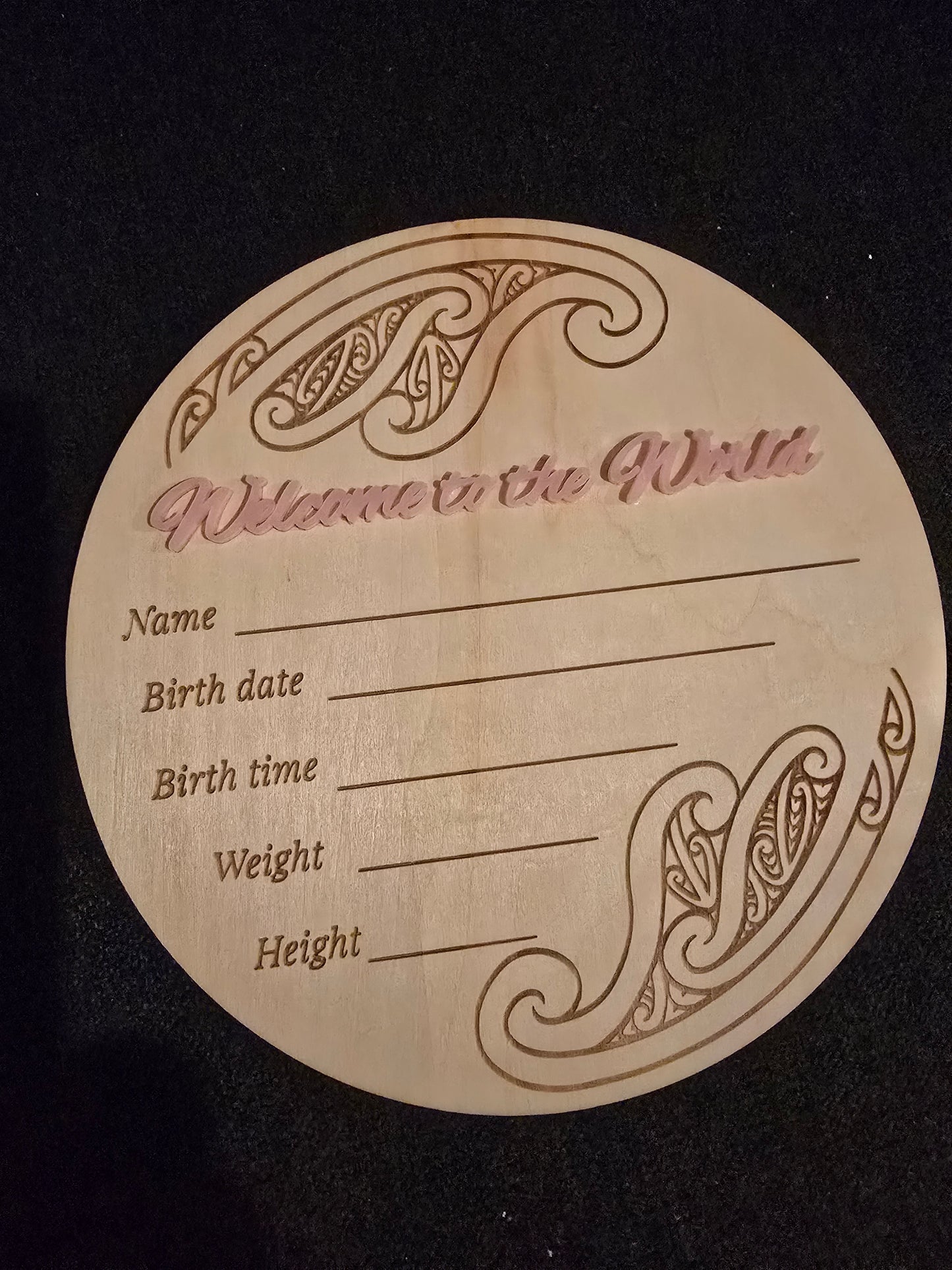 Baby Announcement Disc - double sided Maori/English (Pink)