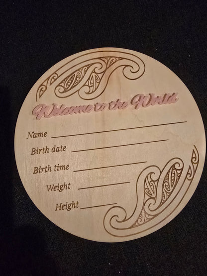 Baby Announcement Disc - double sided Maori/English (Pink)