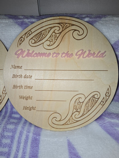 Baby Announcement Disc - double sided Maori/English (Pink)