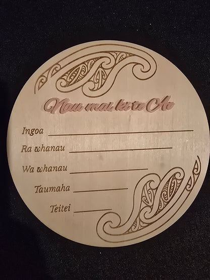 Baby Announcement Disc - double sided Maori/English (Pink)