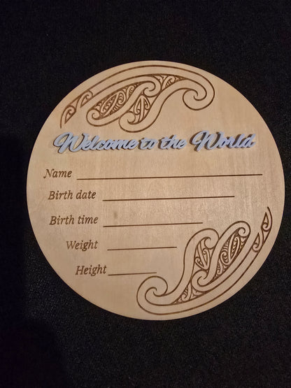 Baby Announcement Disc - double sided Maori/English (Blue)